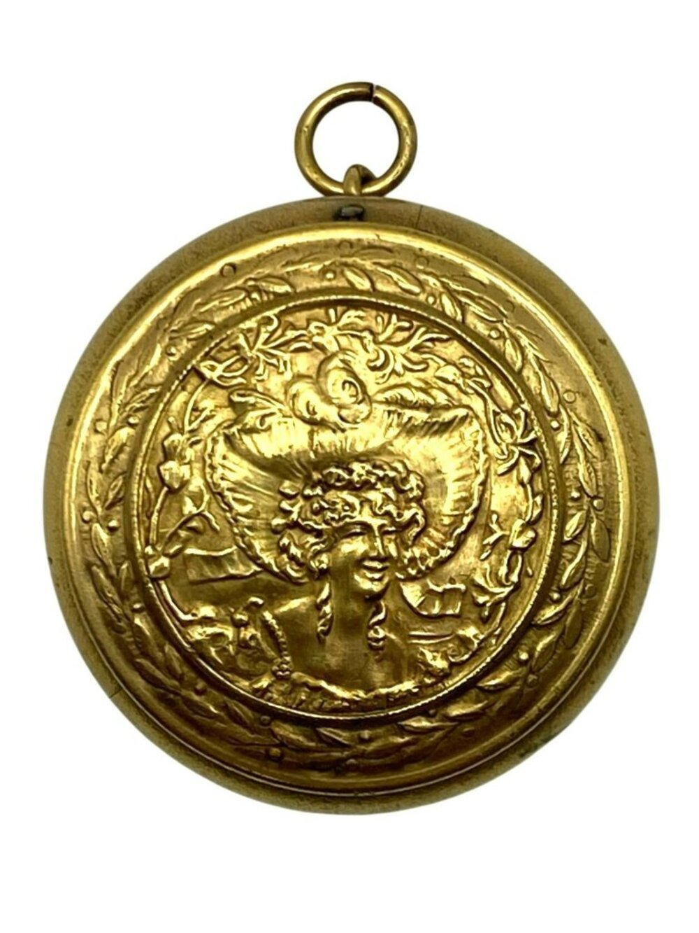 Antique Victorian Locket Repousse Gold Tone 1 1/2" Woman Lady Floral Hat